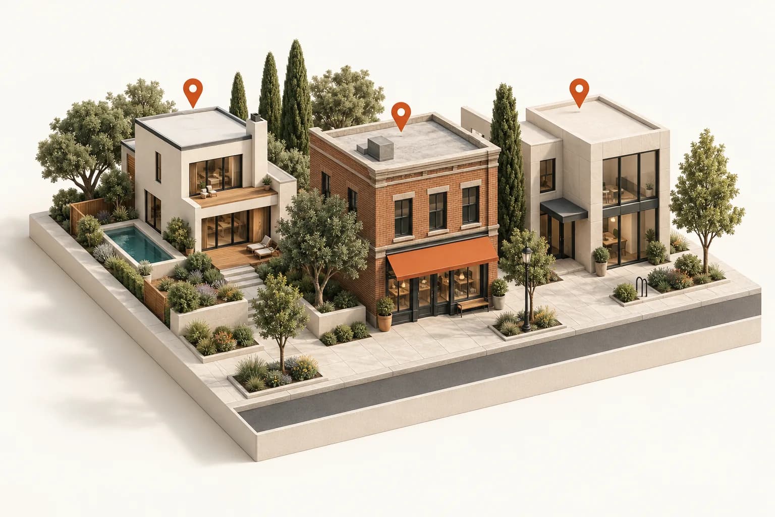 Architectural illustration of a landscaped neighborhood with a home, local businesses and orange location pins.